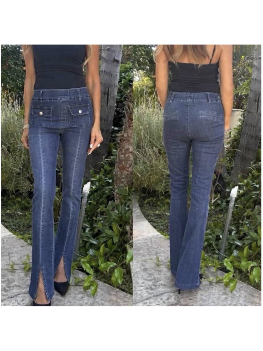 BEVY FLOG ADELE Mid Rise Flare Pants Front Slit Denim Patch Pockets 25 Stretch